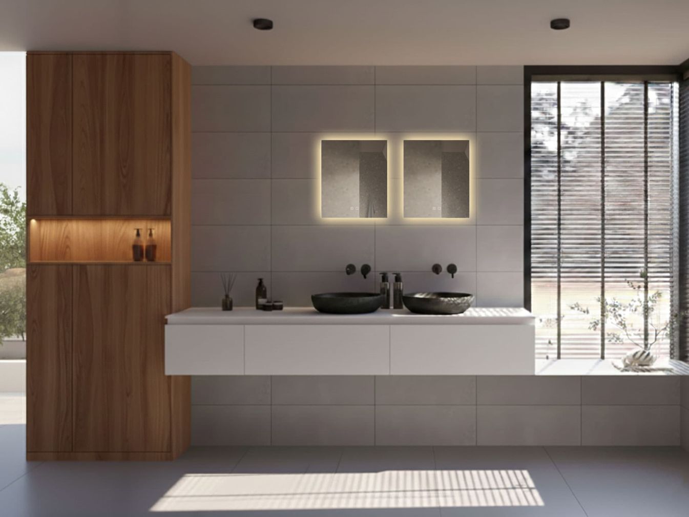 Spiegelglanz-Design, LED-Hintergrundbeleuchtung,und Spiegelheizung